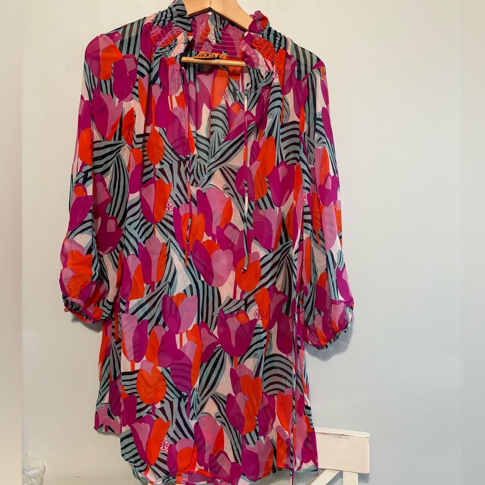 TORY BURCH PINK ORANGE SHEER SILK TUNIC TOP BELTED TASSELS SMOCKED NECK